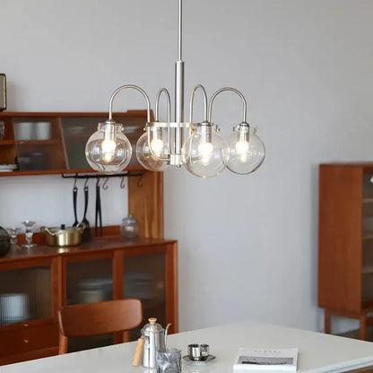 Modern brushed stainless steel glass led chandelier with five clear globe shades for dining room lighting