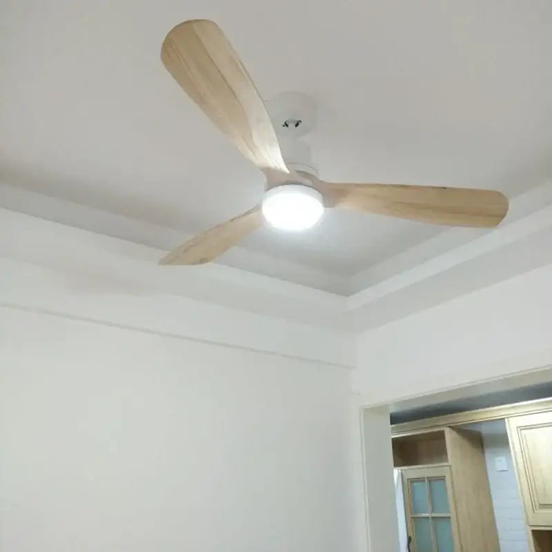 Light-colored wooden retro ceiling fan with central integrated bulb and 15w ceiling lights for bedroom use