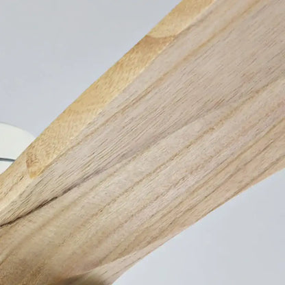 Light-colored wooden beam detail of a retro ceiling fan with dark wood blades and 15w ceiling lights for bedroom use