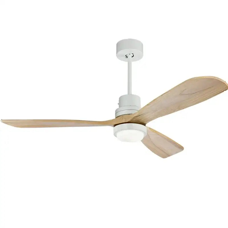 Modern ceiling fan with three light wood blades and white housing featuring integrated 15w ceiling lights for bedrooms