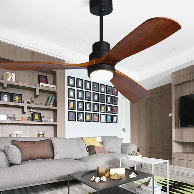 Retro black ceiling fan with three dark wood blades and 15w ceiling lights for bedroom use