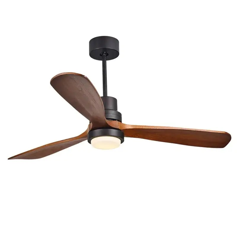 Modern retro ceiling fan with three dark wood blades black metal frame and integrated 15w warm-toned ceiling lights for bedroom