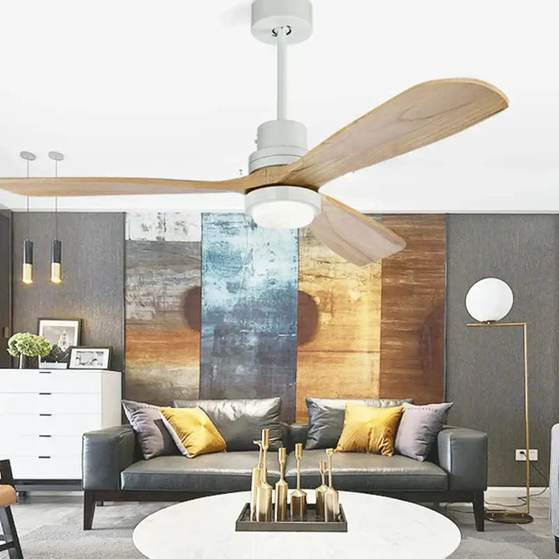 White ceiling fan with three natural wood blades and 15w ceiling lights for retro ceiling fan bedroom use