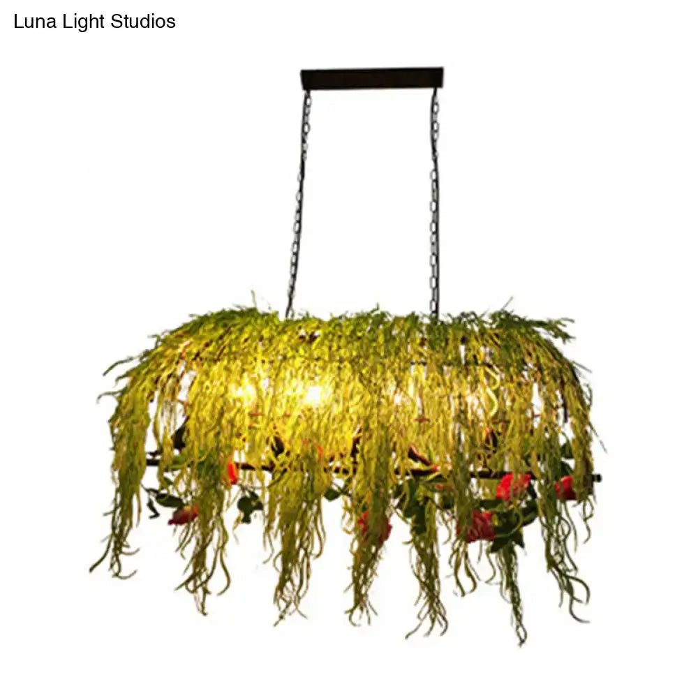 A black retro metal bird cage island ceiling light fixture with green leafy tendrils and red flowers e26 e27 bulb base