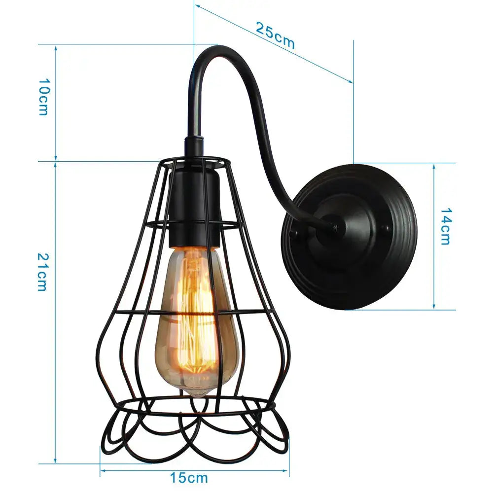 Retro black cage guard wall sconce featuring a wrought iron decorbites black cage design with exposed Edison bulb