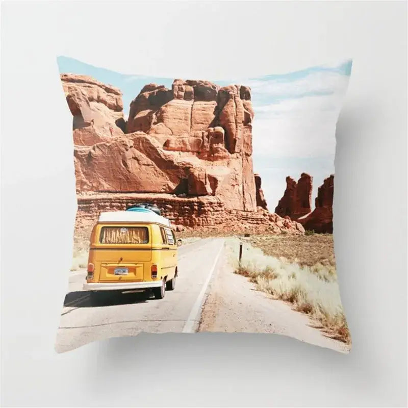 Square throw pillow cushion cover featuring a yellow vintage van and black camera print for living room decor