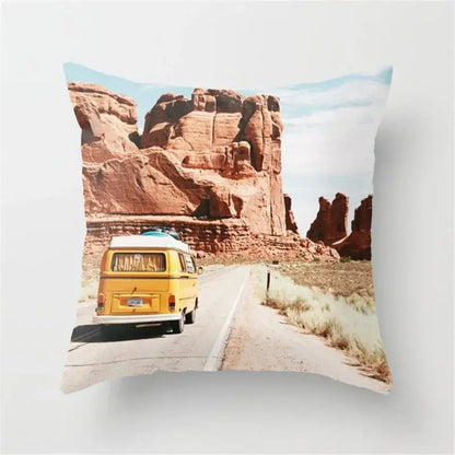 Square throw pillow cushion cover featuring a yellow vintage van and black camera print for living room decor