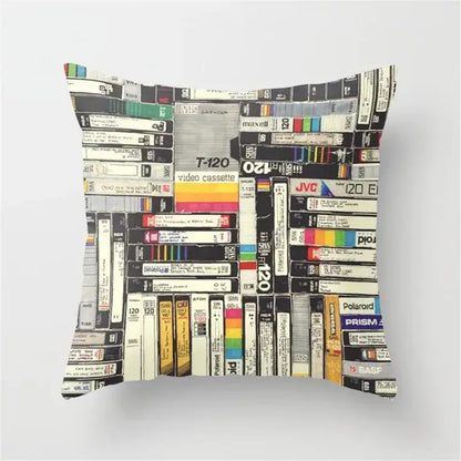 Square cushion cover featuring vibrant vintage vhs tapes collage with a black camera print for living room decor