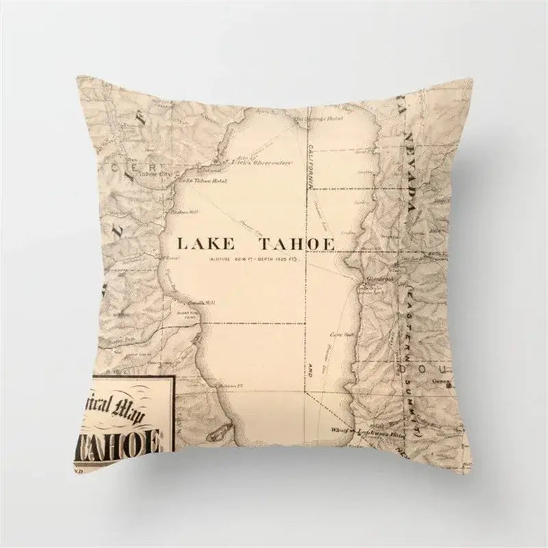 Square cushion cover with vintage lake tahoe map in sepia tones paired with black camera print for living room decor
