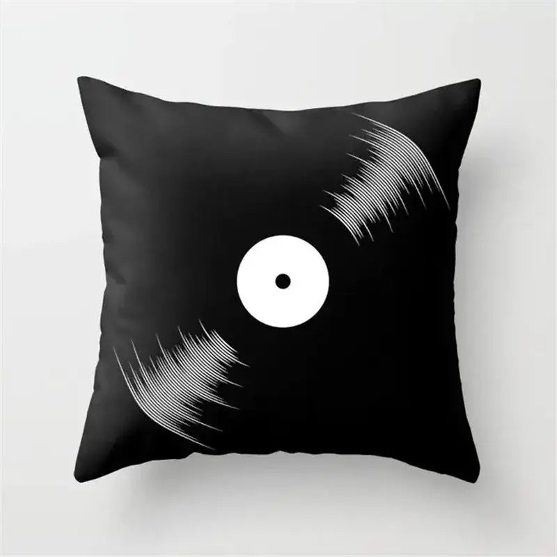 Black throw pillow with white vinyl record design and black camera print cushion cover for living room decor