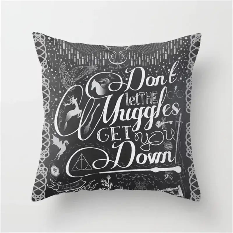 Black throw pillow cushion cover with white chalkboard harry potter design and black camera print for living room decor