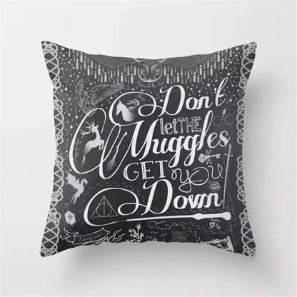 Black throw pillow cushion cover with white chalkboard harry potter design and black camera print for living room decor