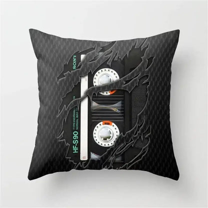 Black throw pillow cushion cover featuring a detailed sony hf-s90 cassette tape graphic on a textured carbon fiber background