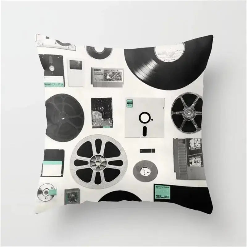 White throw pillow cushion cover with black camera print featuring vintage media collage for living room decor