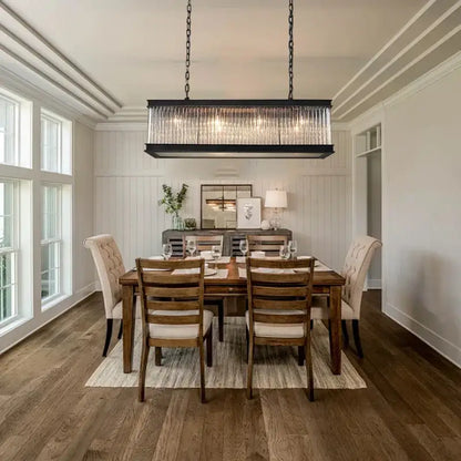 Retro black decorbites crystal rectangle chandelier with cascading clear glass prisms hanging from chains for dining room