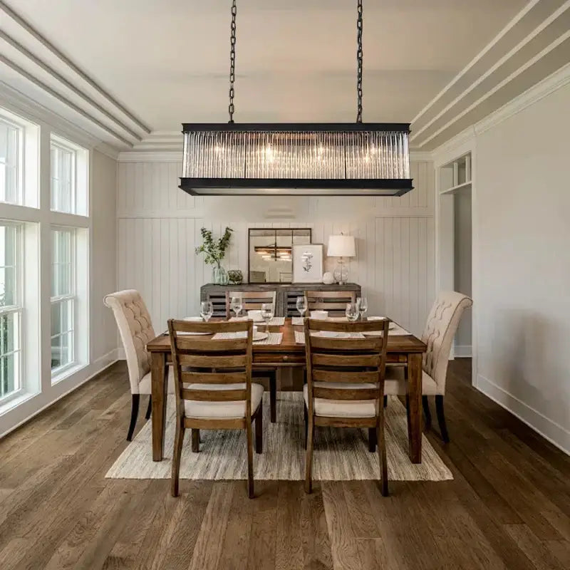Retro black decorbites crystal rectangle chandelier with cascading clear glass prisms hanging from chains for dining room
