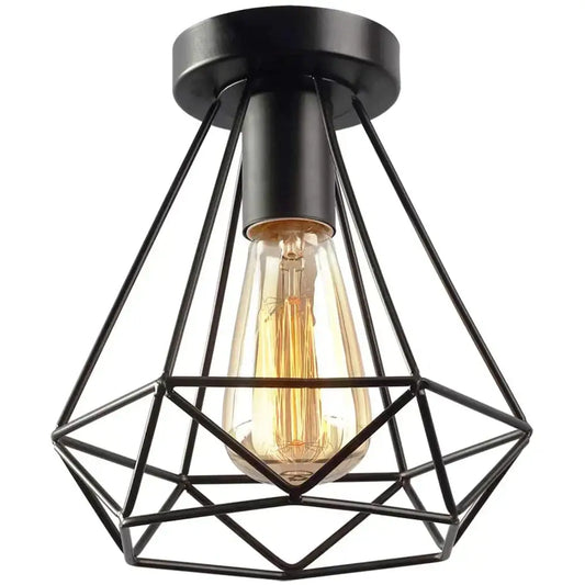 Retro black geometric iron cage ceiling lamp with exposed filament bulb by decorbites iron for living room ceiling lamp decor
