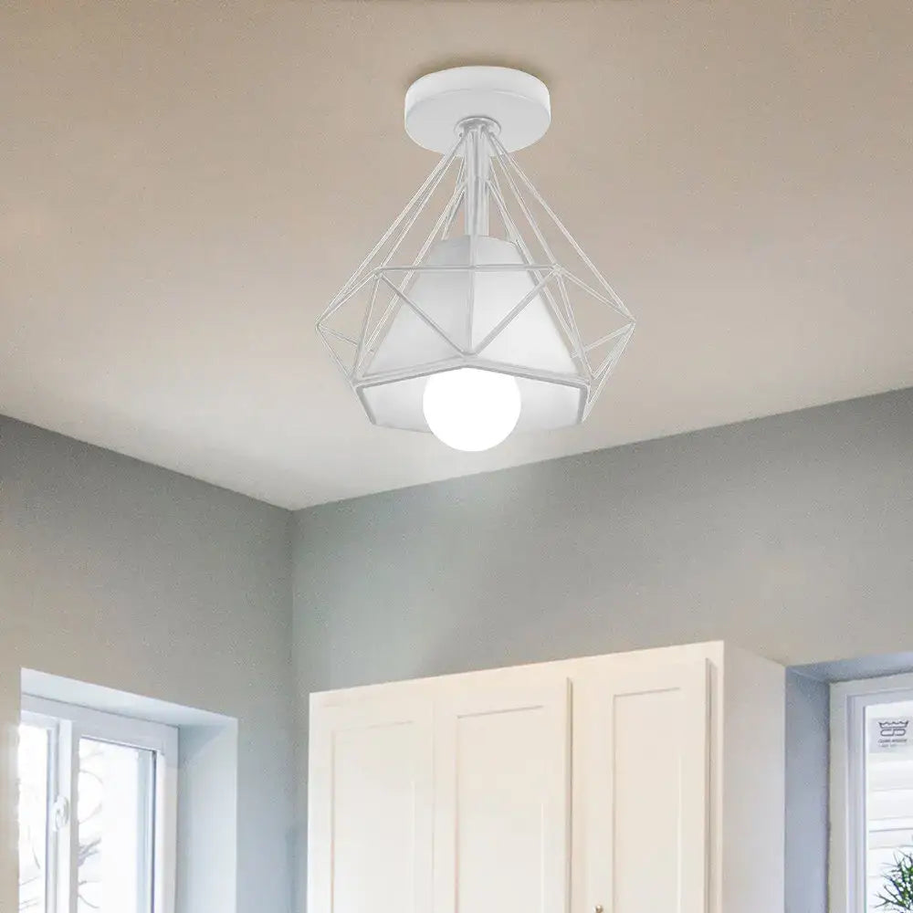 White geometric wireframe ceiling light fixture with frosted glass shade for kitchen retro black metal ceiling light