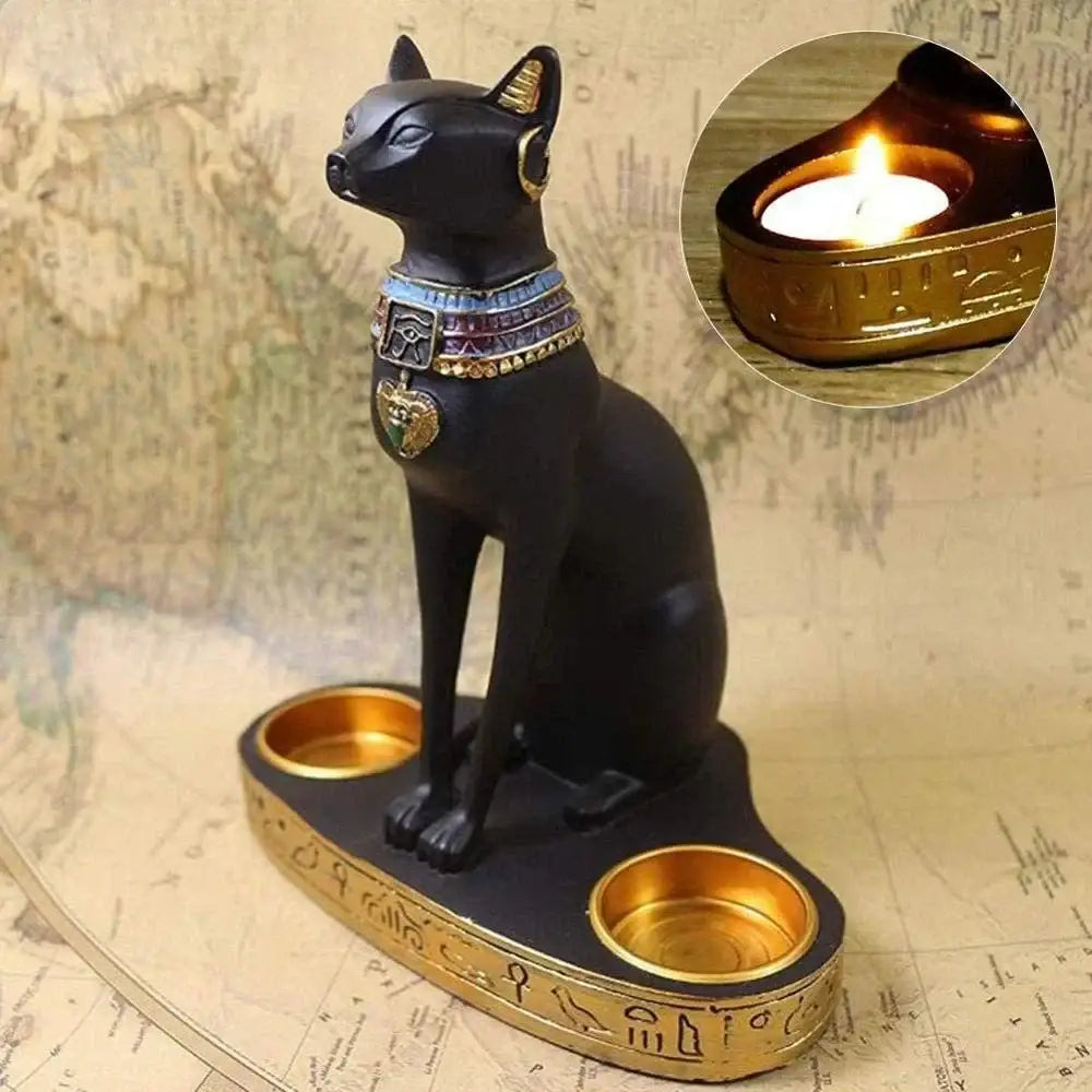 Retro black and gold cat goddess candle holder featuring a resin dual-tea light goddess candle with hieroglyphics
