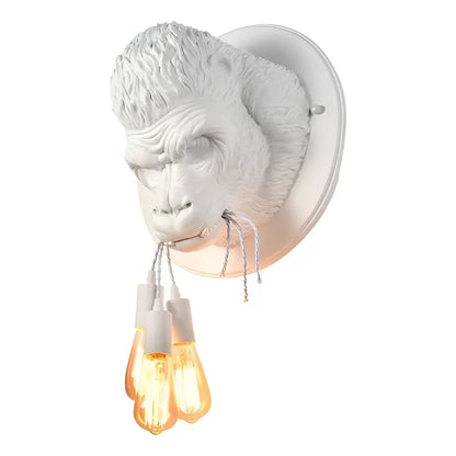 White ceramic gorilla resin wall sconce with three exposed filament bulbs for decorbites gorilla resin wall decor