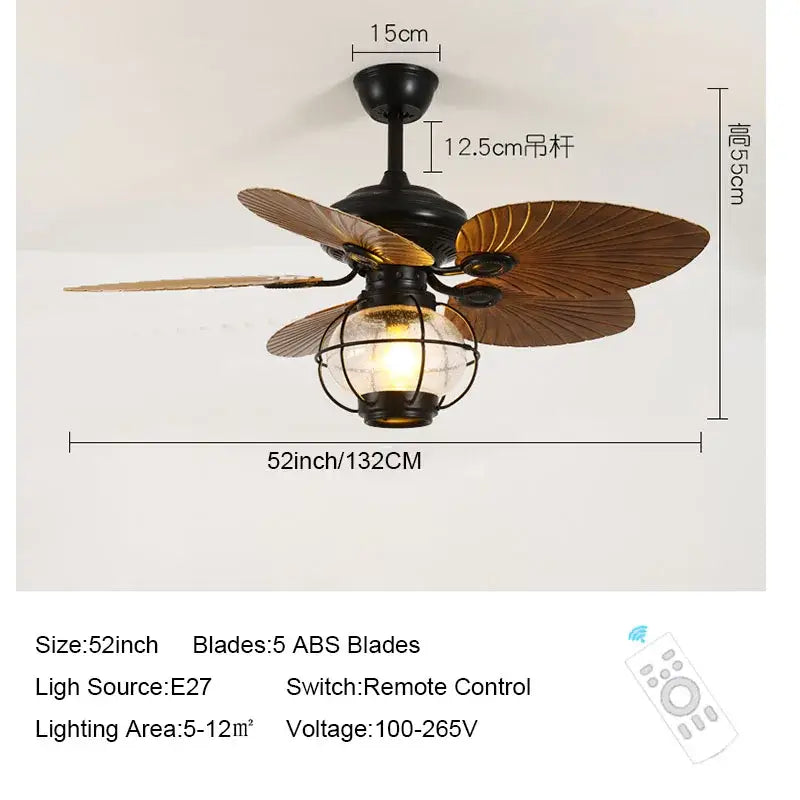 Retro black iron fan light with five abs blades and remote control for living room ceiling fan light with illuminated bulb