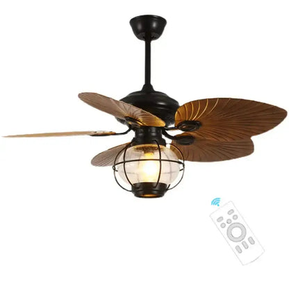 Retro black iron fan light with three wooden palm leaf blades and globe light fixture with remote control for living room