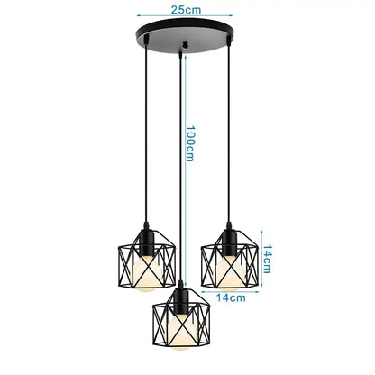Black metal pendant light with retro iron frame and three geometric cube shades for kitchen decorbites iron frame