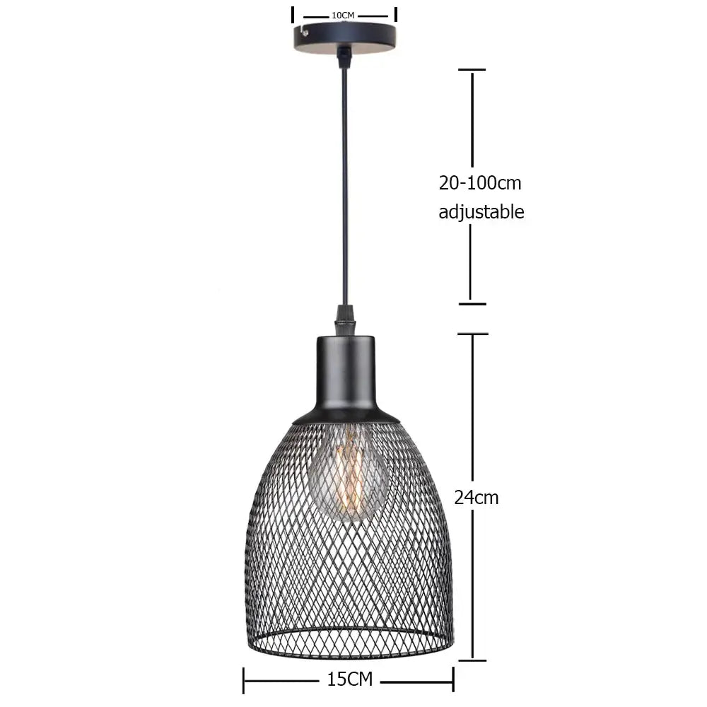 Retro black metal cage bell pendant light with diamond patterned wire cage and exposed bulb for dining room decorbites cage bell pendant
