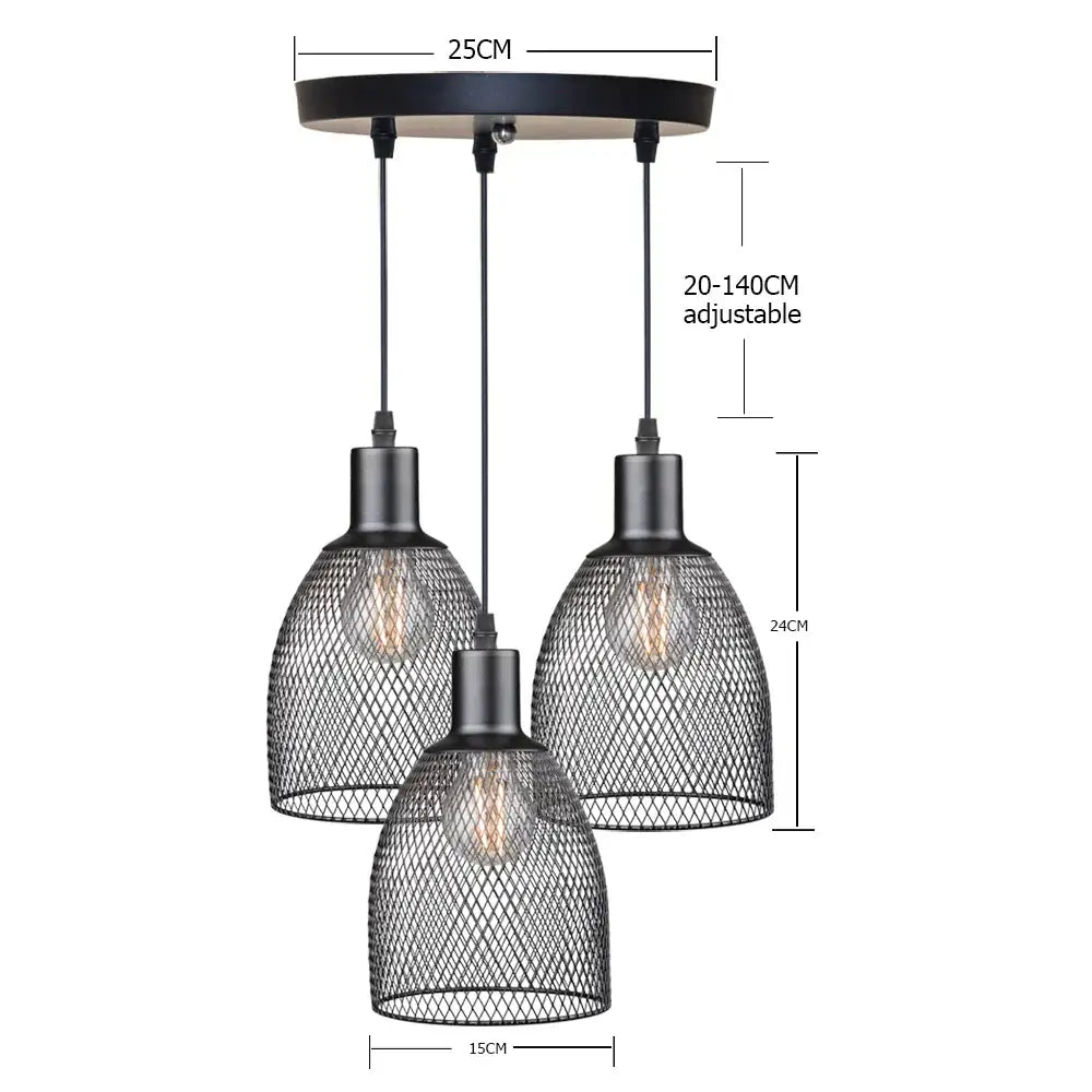 Retro black metal cage bell pendant light with three adjustable arms and vintage bulbs for dining room decorbites cage bell pendant