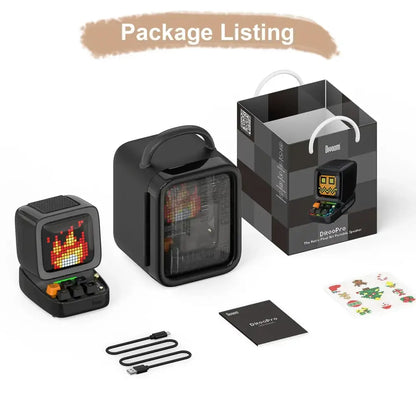 Retro black ditoo pixel art bluetooth speaker with square screen showing flames and transparent side panel revealing components