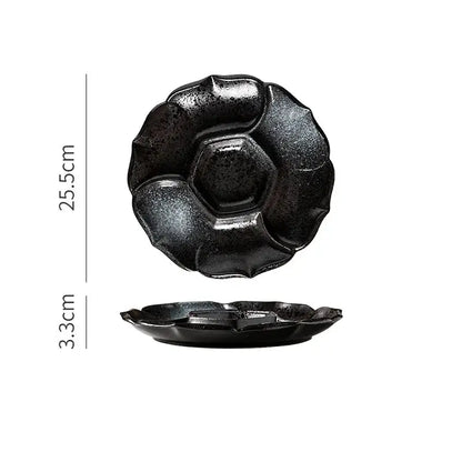 Retro black speckled ceramic dinner plate by decorbites ceramic with glossy finish and petal-like rim ridges for dining room use