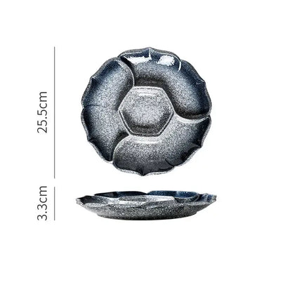 A dark gray speckled ceramic dinner plate with a petal rim and hexagonal center from decorbites ceramic 4-grid collection