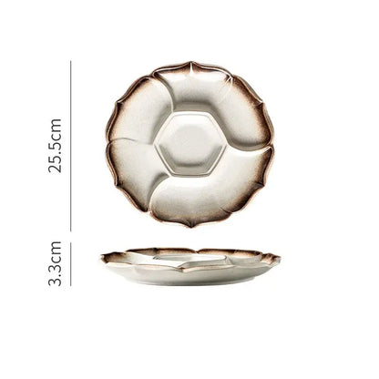 Retro black speckled decorbites ceramic dinner plate with petal-like rim and central hexagonal indentation for serving