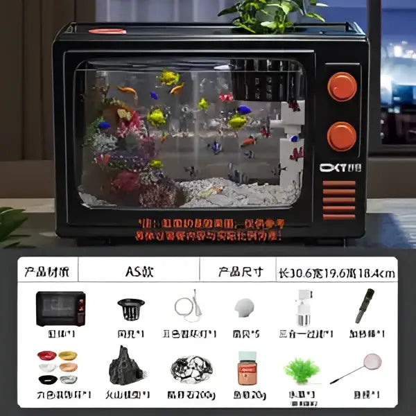 Retro black and orange toaster oven style desktop fish tank with glass front showcasing colorful fish decorbites desktop fish