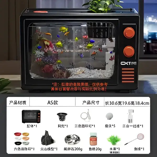 Retro black and orange desktop fish tank shaped like a toaster oven with glass front for living room decorbites desktop fish
