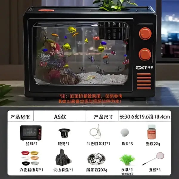 Retro black tv desktop fish tank with orange knobs featuring colorful fish swimming among coral and gravel decorbites desktop fish