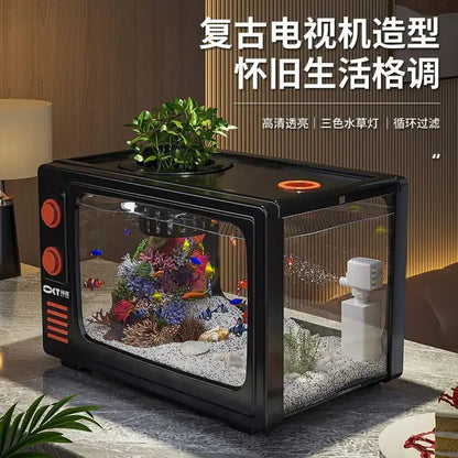 Retro black tv desktop fish tank with transparent glass sides and orange knobs ideal for living room decorbites desktop fish