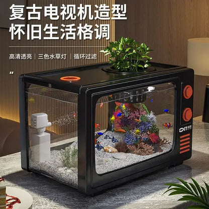 Retro black tv desktop fish tank with clear glass sides orange knobs and built-in plant pot for living room decorbites desktop fish