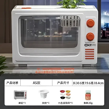 White retro-style countertop toaster oven with orange knobs and clear glass door next to decorbites desktop fish tank
