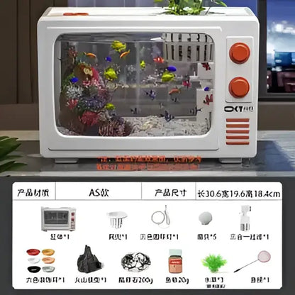 Retro black tv desktop fish tank with white microwave-style aquarium, colorful fish, coral, and orange control knobs