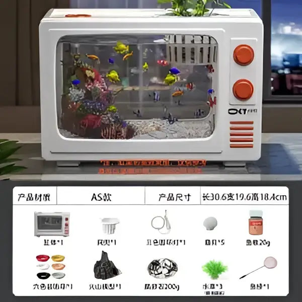 Retro black tv desktop fish tank with white microwave-style design, orange knobs, clear glass, and colorful tropical fish