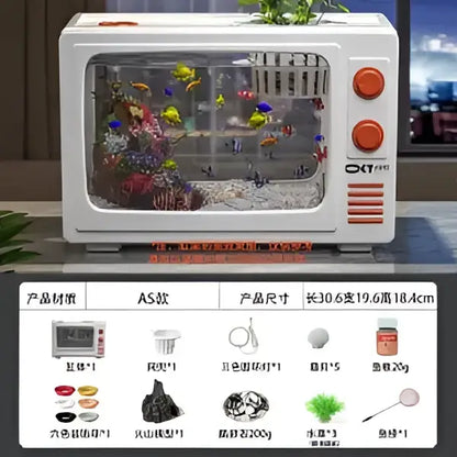 Retro black tv desktop fish tank with white microwave-style design, orange knobs, clear glass, and colorful tropical fish