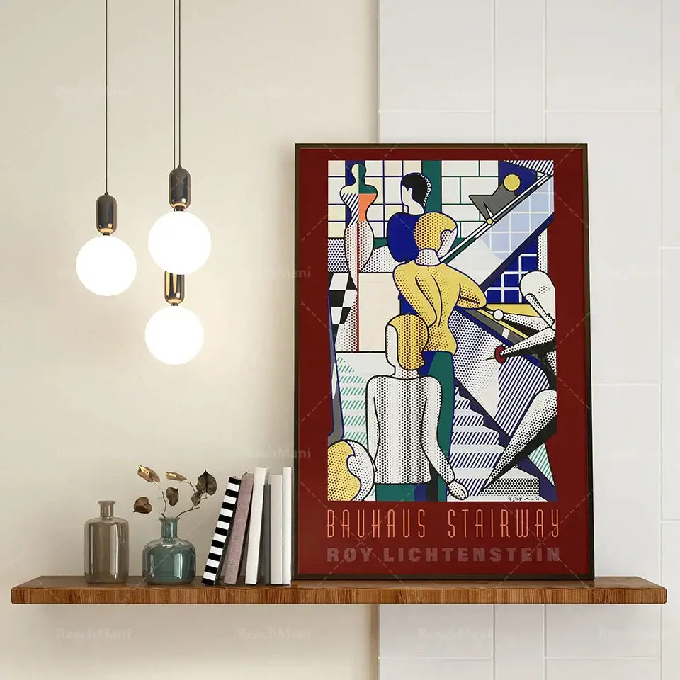 A framed bauhaus stairs canvas print with colorful pop art figures and geometric shapes on a deep maroon background