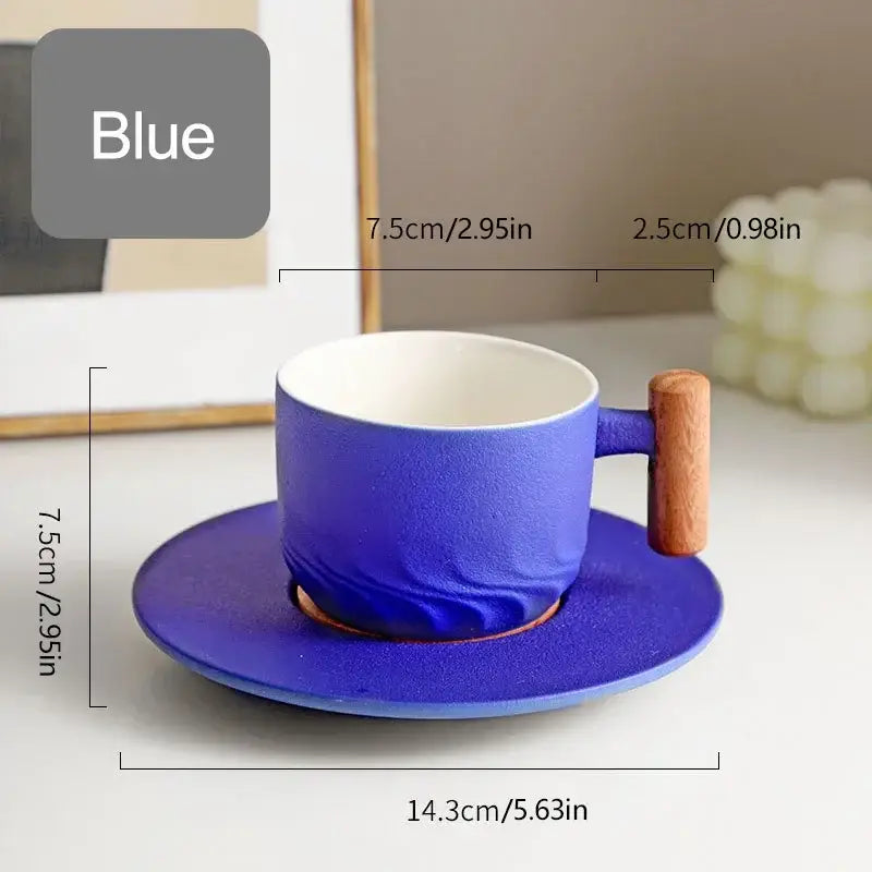 Retro blue and black ceramic coffee cup with wooden handle and matching saucer decorbites 130ml blue kitchen set