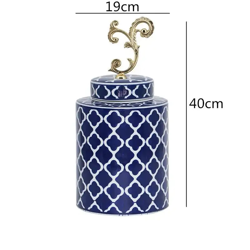 A tall blue porcelain covered vase jar with white geometric lattice pattern and gold leaf lid for living room storage