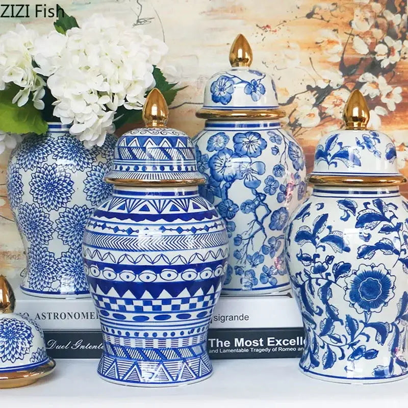 Retro blue and white porcelain ginger jar with gold tipped lids featuring intricate geometric and floral patterns decorbites blue