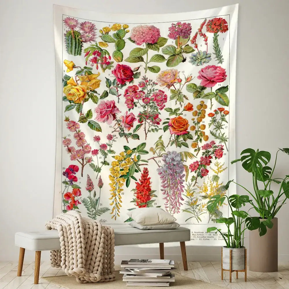 Retro boho botanical map tapestry with vibrant pink red yellow and purple flowers on off-white living room wall hanging