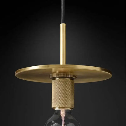 Retro brass and glass led pendant light with brass circular disc and textured cylindrical base for dining room decorbites gold led