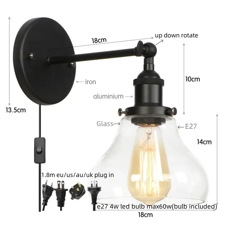 Retro brass and glass wall sconce with black wrought iron frame and e27 led bulb decorbites gold led wall lighting