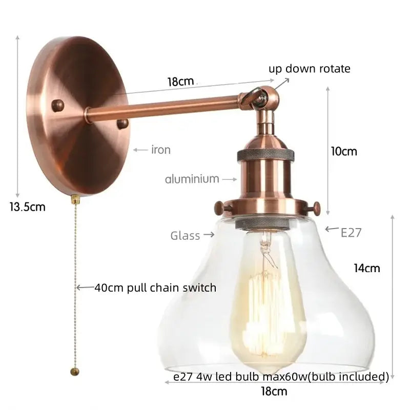 Copper-finished retro brass and glass wall sconce with clear shade and e27 led bulb for decorbites gold led wall decor